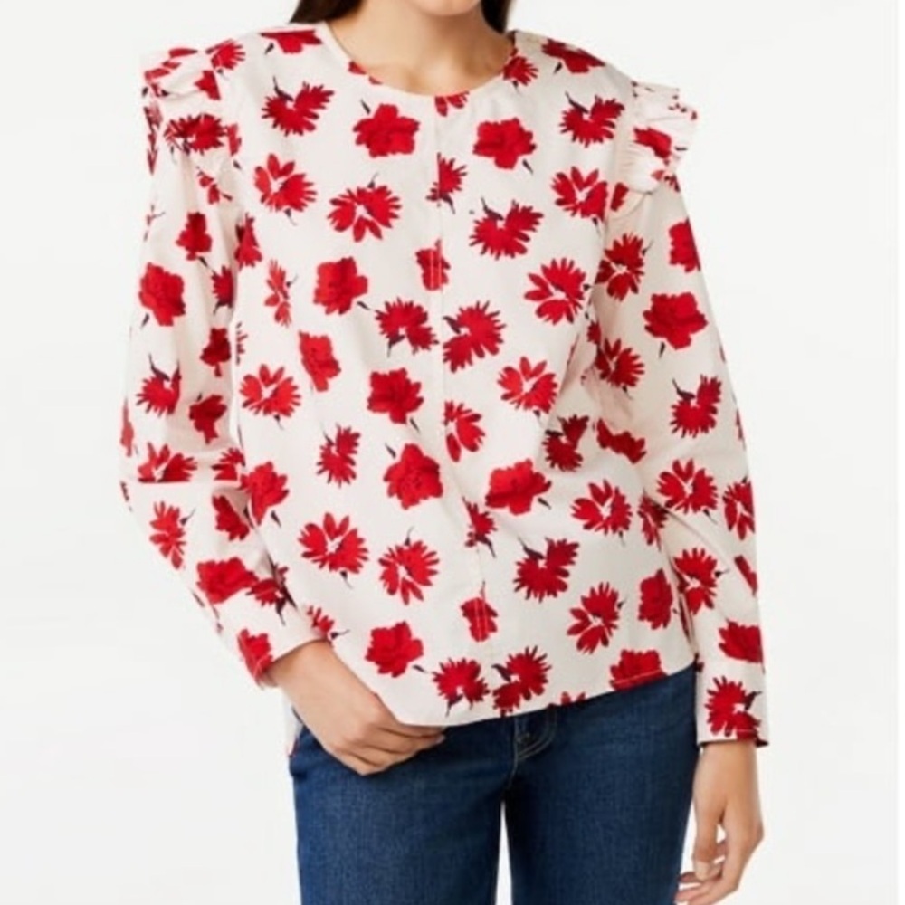 Free Assembly Button Shoulder Red floral Print Ruffle Shoulder Blouse Size M